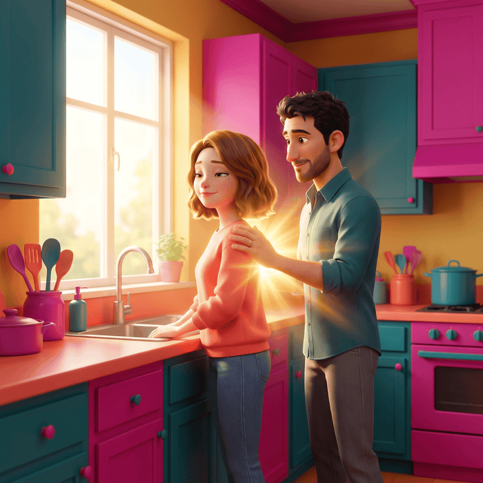 A partner resting a hand on a woman's back at the kitchen sink as her shoulders drop