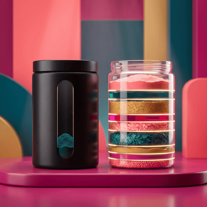A sealed opaque jar beside a fully transparent jar with every layer visible