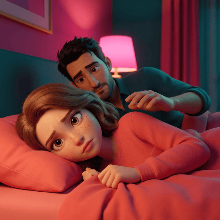 A woman lying awake as her partner reaches toward her in the dark