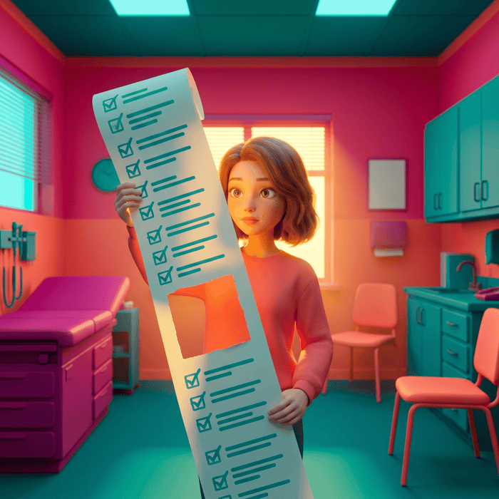 A woman holding a long medical checklist up to the light with one row cut out of it