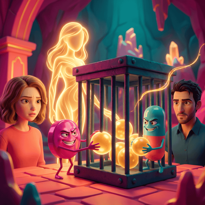Two pill characters locking glowing gold inside an iron cage