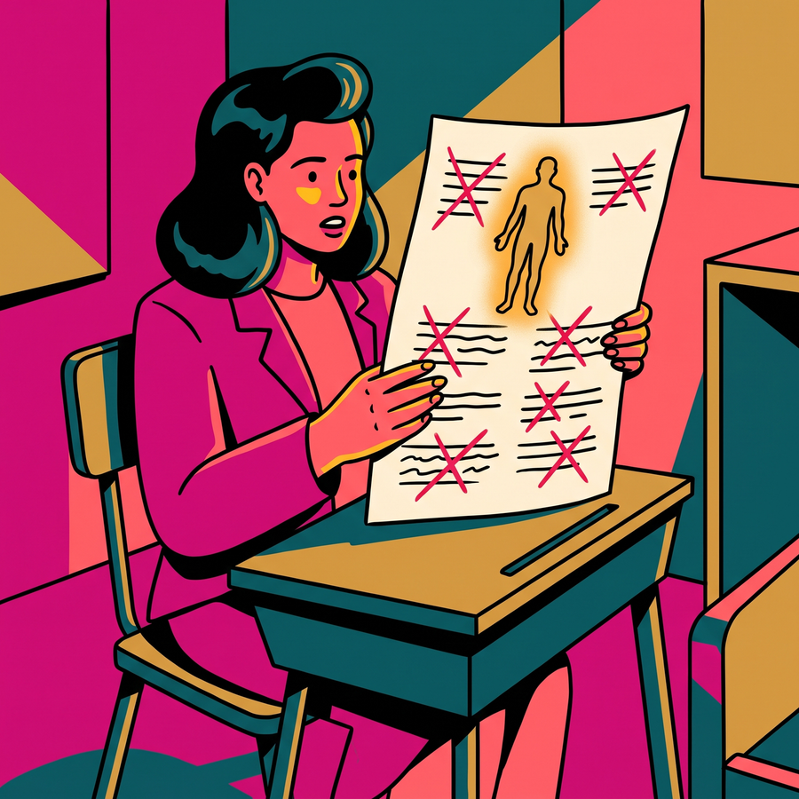 An exam sheet marked in red, headed with a male body outline