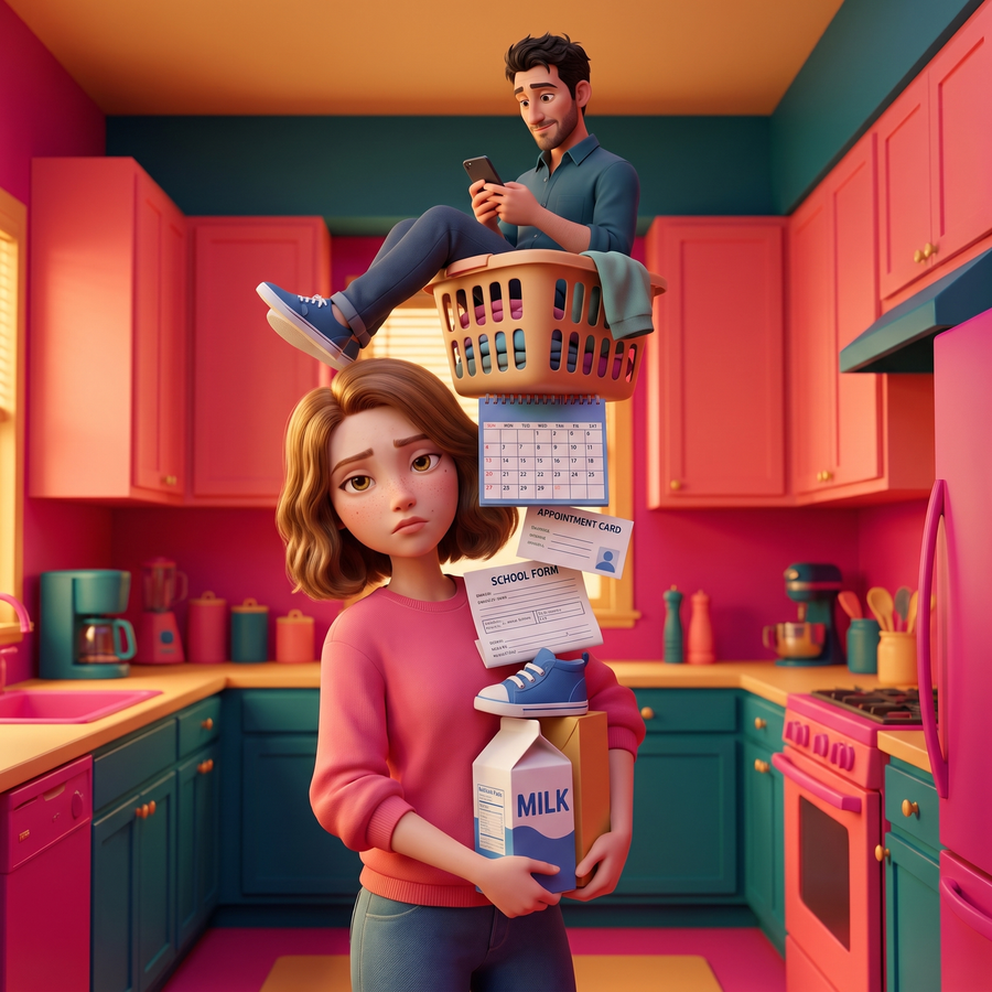 Nora carrying a tower of household objects with Daniel on top