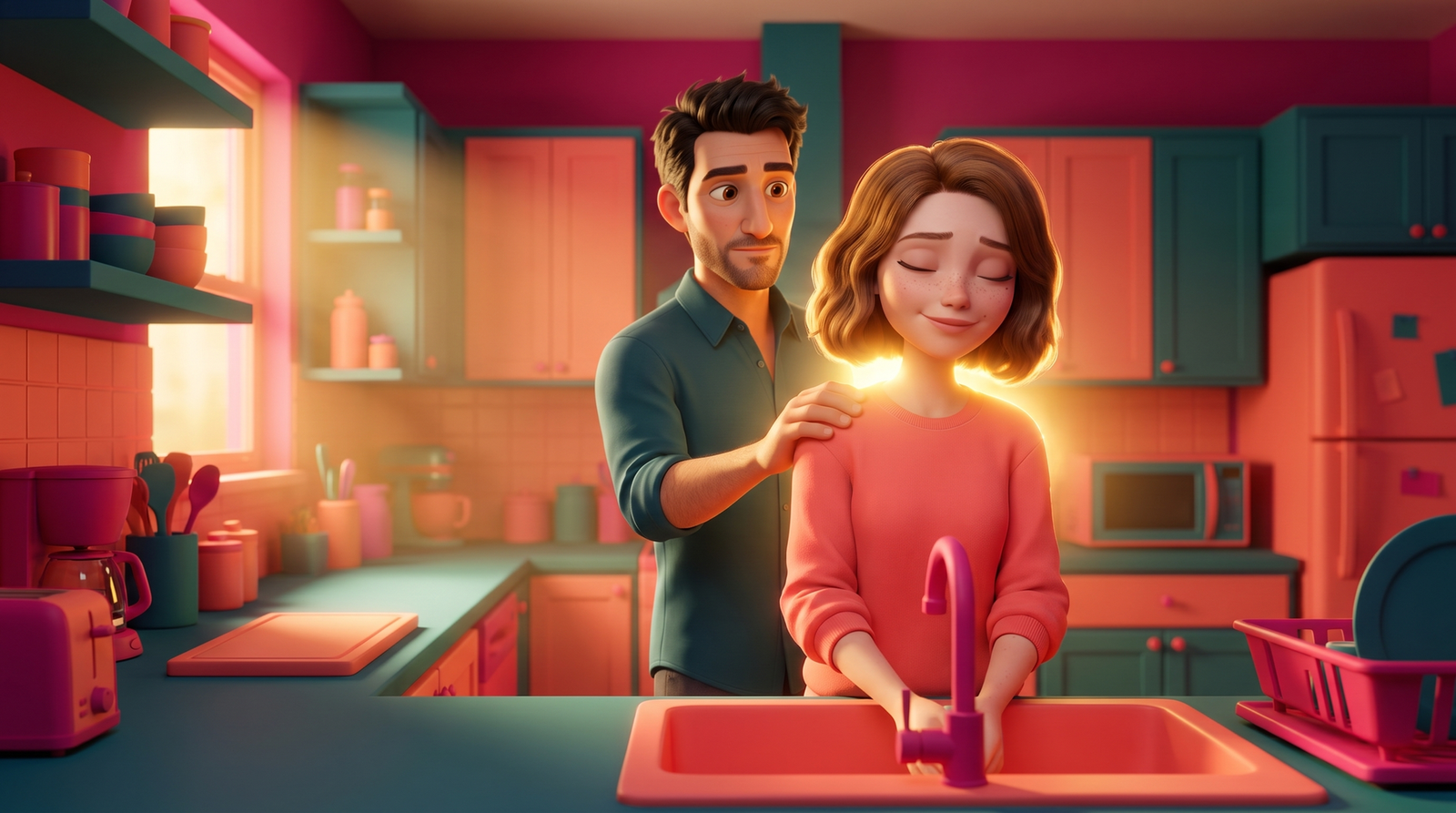 Daniel's hand on Nora's back at the sink, warm light blooming