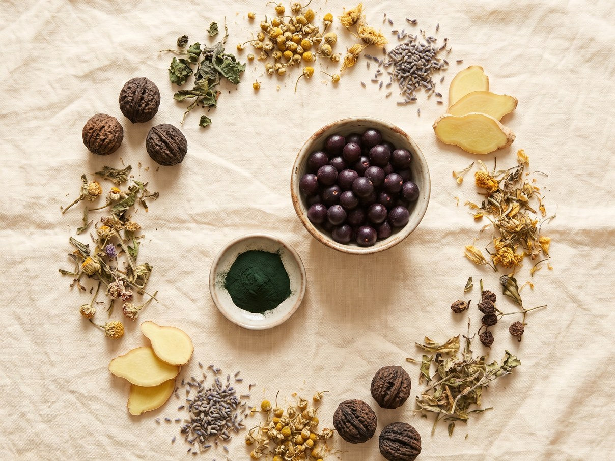 The plants in Max Detox laid out on a table: black walnut, chlorella, acai berries, ginger and dried herbs