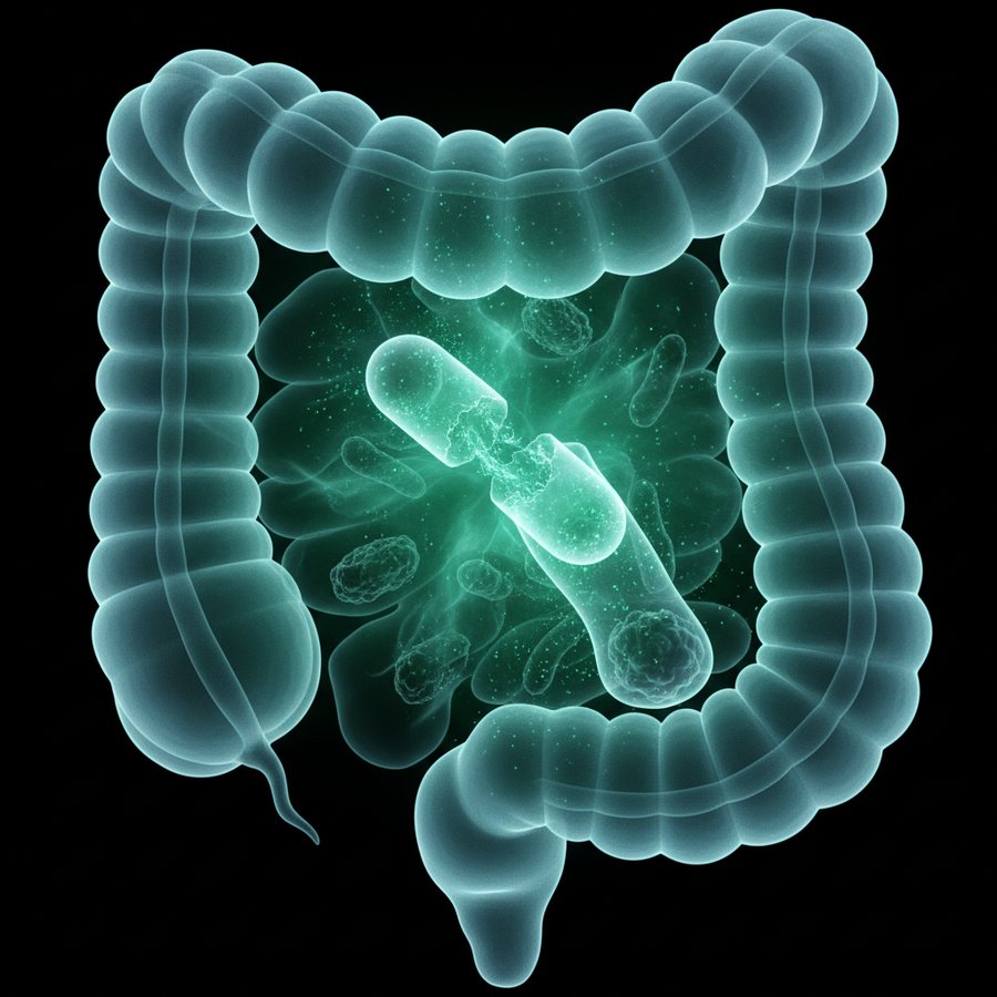 A Max Detox capsule opening in the colon and fiber carrying waste out