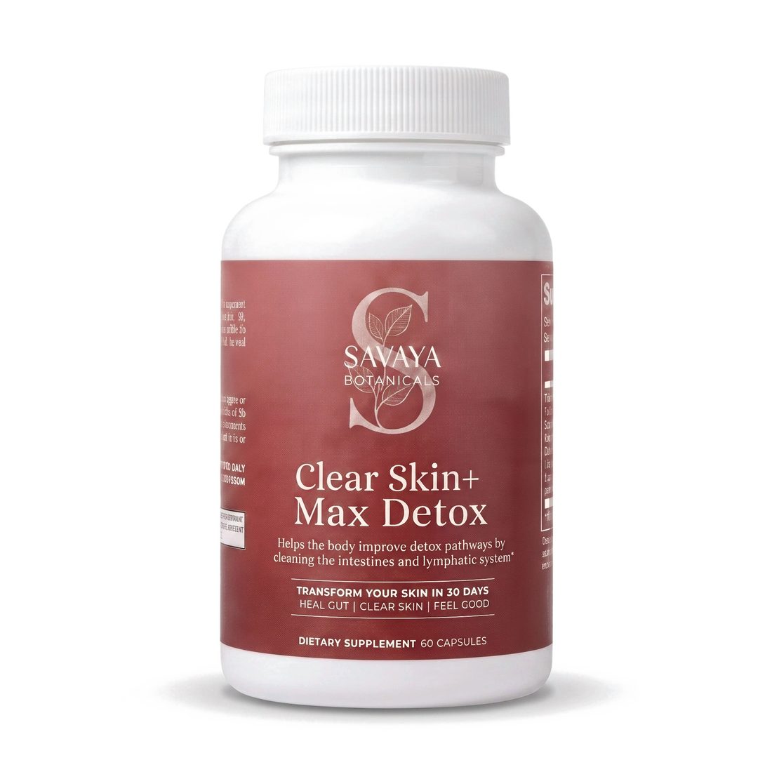 Clear Skin+ Max Detox bottle with two capsules