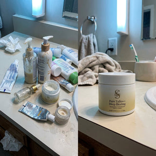 Before and after: 11 products vs one jar of Pure Tallow+