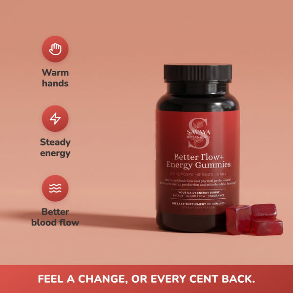 Better Flow Energy Gummies bottle with three benefit chips, warm hands steady energy blood flow