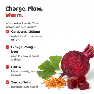 Charge flow warm, cordyceps ginkgo beet and GABA with real botanicals and gummies