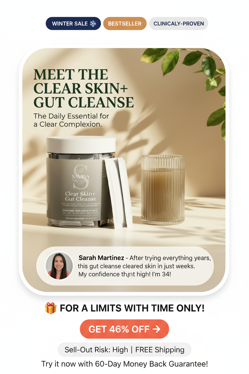 Clear Skin+ Gut Cleanse™ Promotional Banner - White Background