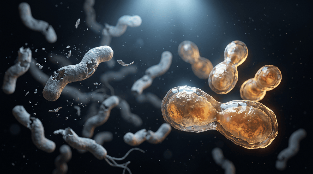 Bacteria killed by antibiotics while a surviving cell divides and regrows
