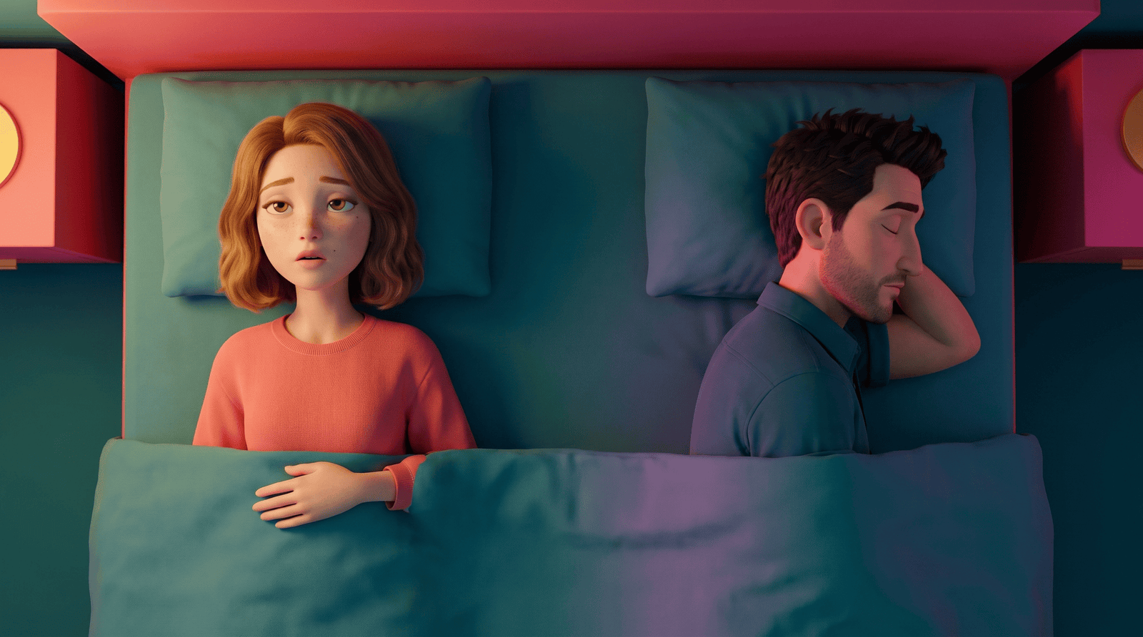 A woman lying awake beside her sleeping partner with an empty stretch of bed between them