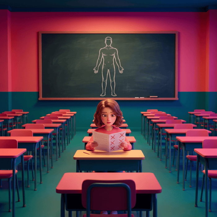 A woman alone in an exam hall holding a test sheet covered in red crosses