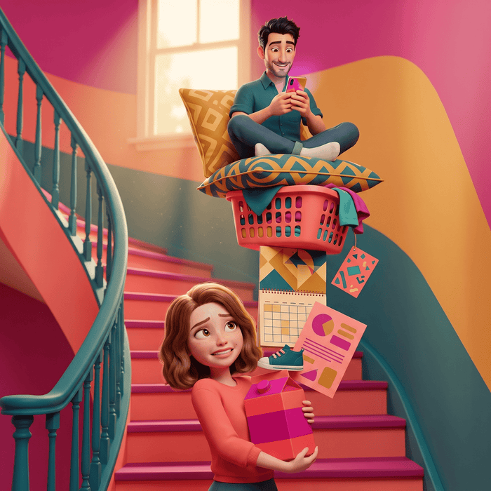 A woman carrying a tall tower of household objects with her partner sitting on top