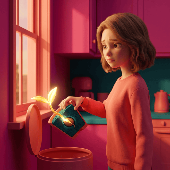 A woman tipping a plant pot into a bin while a golden sprout breaks open in the soil