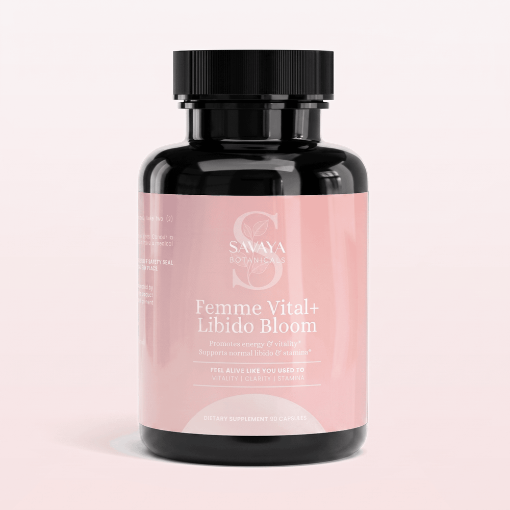 Femme Vital+ Libido Bloom bottle, black with soft pink label, front label facing camera