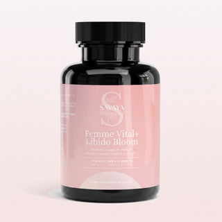 Femme Vital+ Libido Bloom bottle, black with soft pink label, front label facing camera