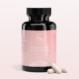 Femme Vital+ Libido Bloom bottle with 3 capsules resting in front, cap on