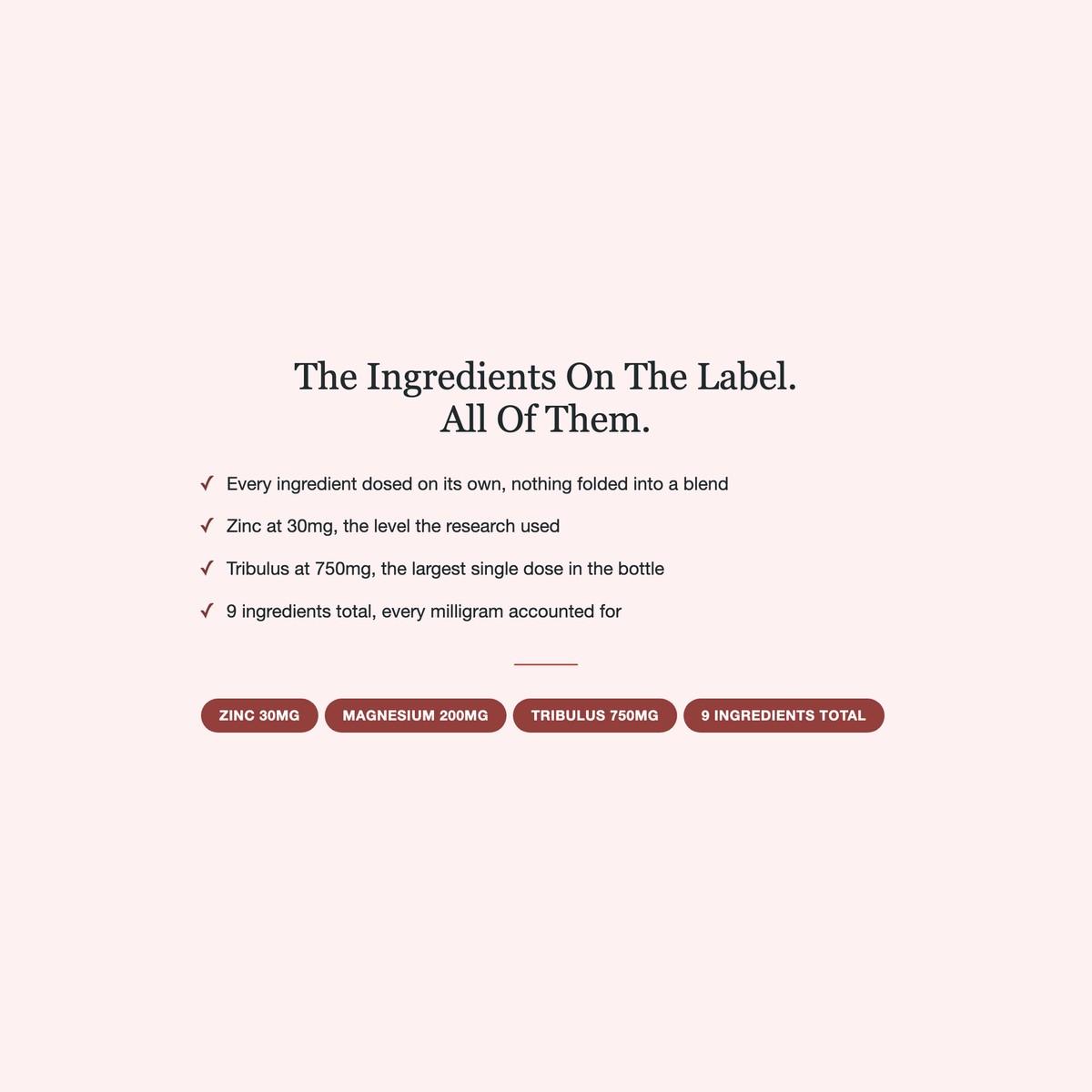 Femme Vital+ Libido Bloom graphic: every ingredient dosed on its own label, no proprietary blend, with zinc/magnesium/tribulus milligram tags