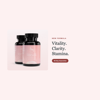 Femme Vital+ Libido Bloom new-formula graphic: Vitality, Clarity, Stamina, with 60-day guarantee badge