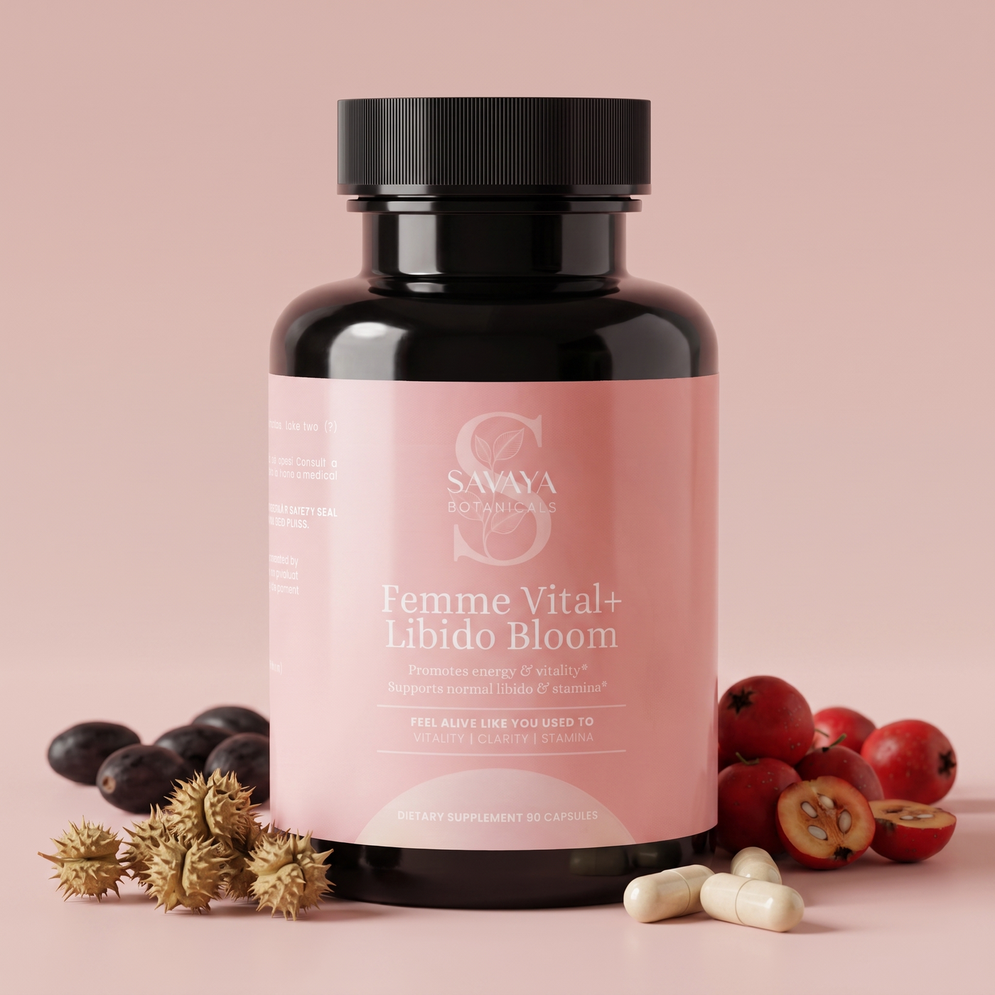 Femme Vital+ Libido Bloom bottle styled with tribulus, hawthorn, and saw palmetto botanicals and loose capsules
