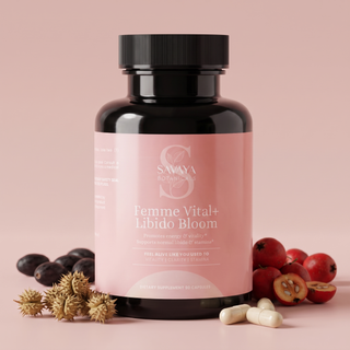 Femme Vital+ Libido Bloom bottle styled with tribulus, hawthorn, and saw palmetto botanicals and loose capsules