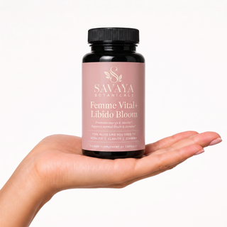 Femme Vital+ Libido Bloom bottle held in an open hand for scale