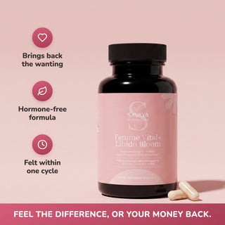 Femme Vital+ Libido Bloom bottle with three benefit chips and money back bar