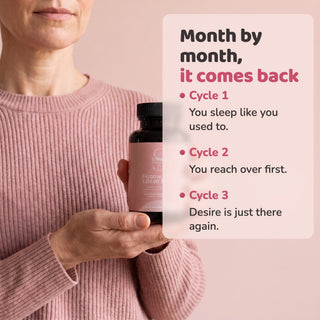 Month by month it comes back, woman holding Femme Vital bottle