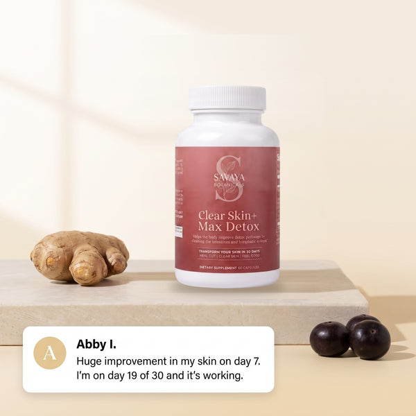 Clear Skin+ Max Detox jar on a stone slab with ginger and acai, customer review