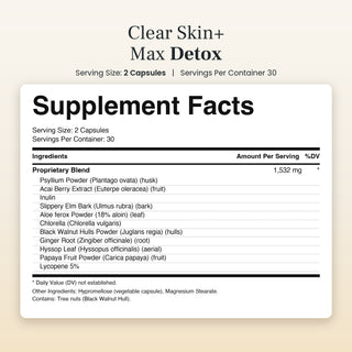 Clear Skin+ Max Detox supplement facts, 1,532 mg proprietary blend per 2 capsules