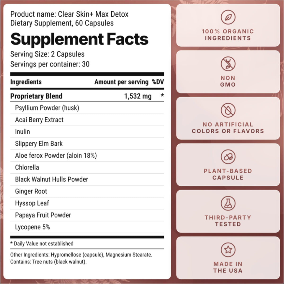 Clear Skin+ Max Detox supplement facts