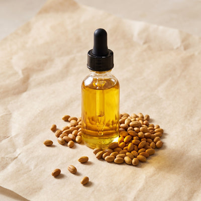 Organic golden jojoba oil in glass dropper with seeds