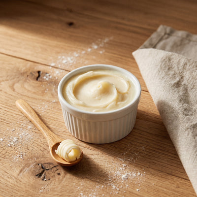 Grass-fed beef tallow in a ceramic ramekin on oak wood