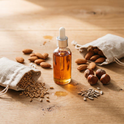 Organic vitamin E represented by almonds wheat germ nuts and dropper