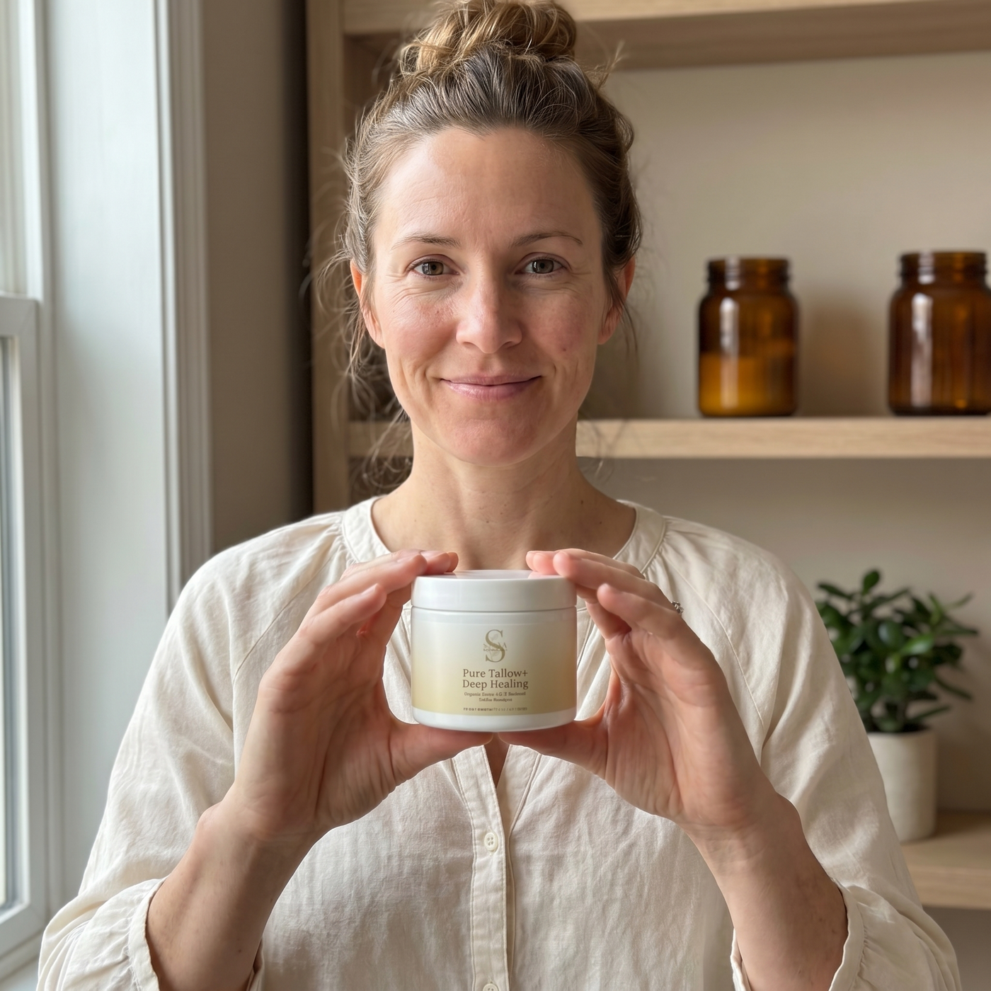 Savaya formulation team member holding Pure Tallow+ Deep Healing jar in clean workspace