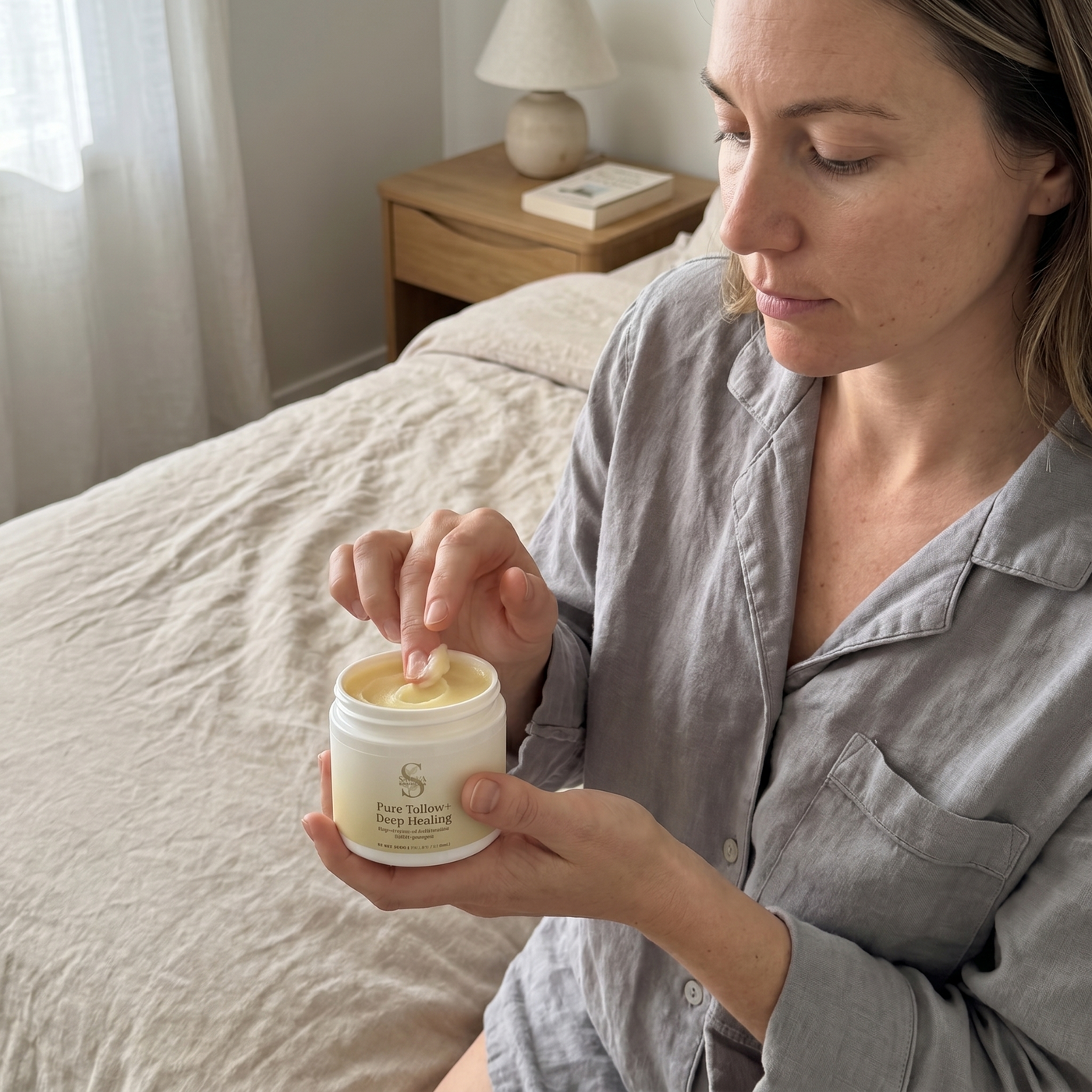 Woman scooping Pure Tallow+ Deep Healing balm from jar on bed morning