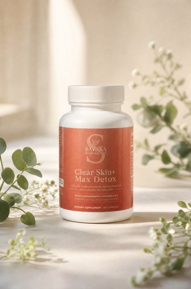 Clear Skin+ Max Detox bottle with fresh botanicals