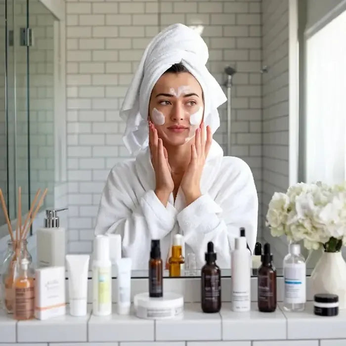 A bathroom shelf packed with cleansers, toners and serums, the surface-only routine