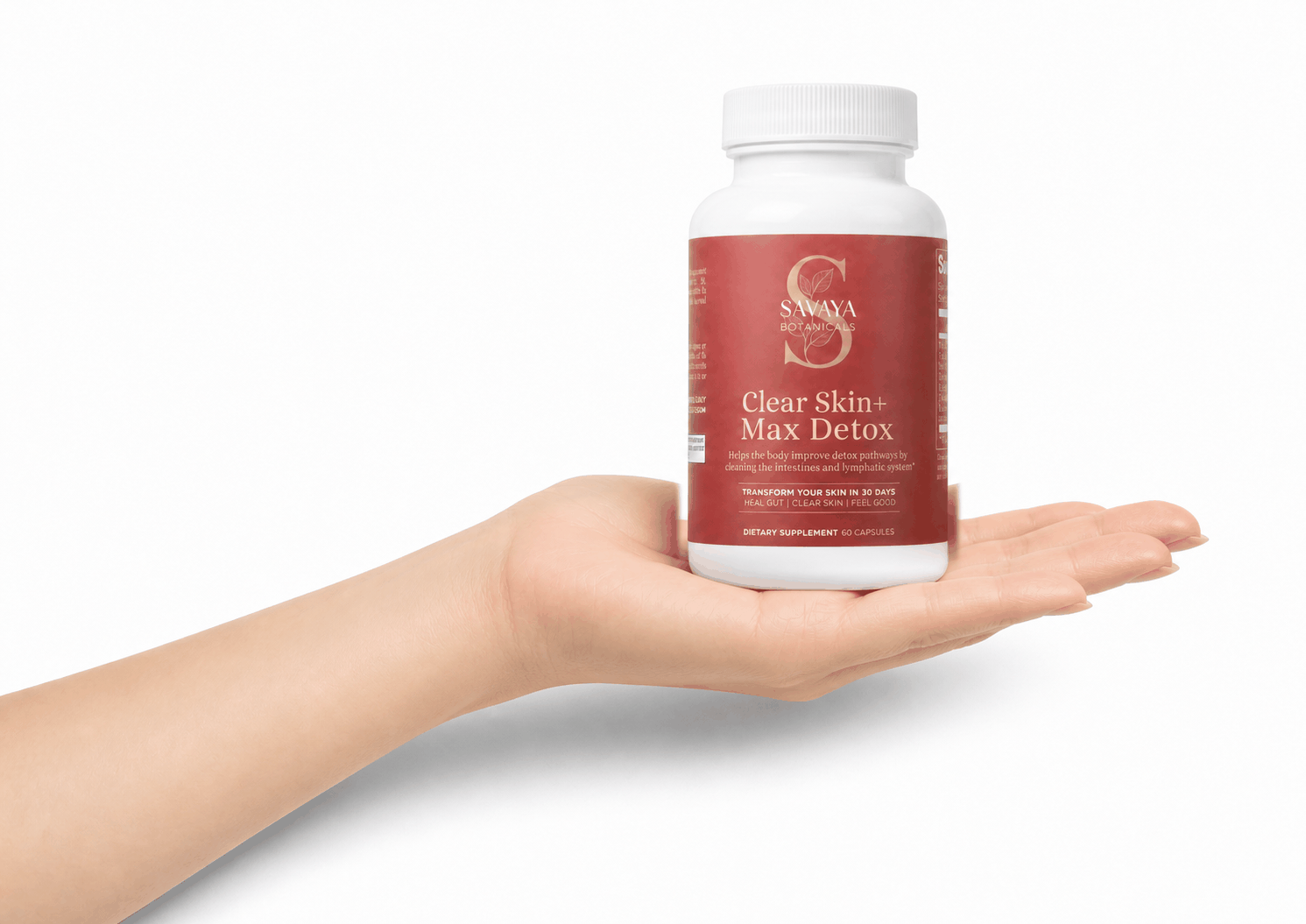 Savaya Clear Skin+ Max Detox resting on an open hand