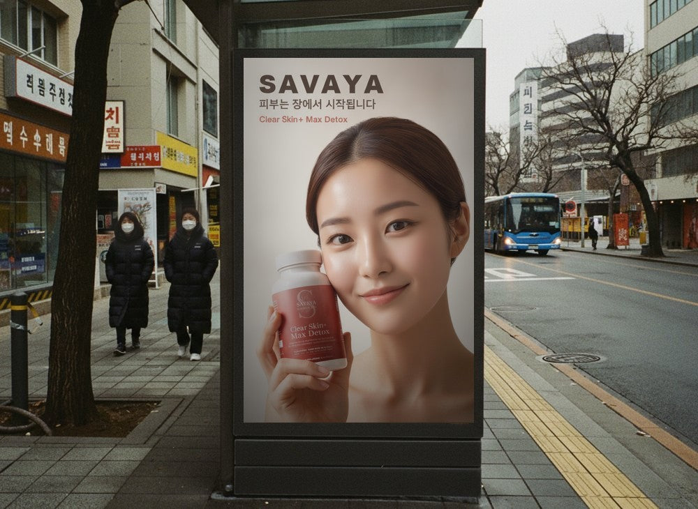 A Savaya ad with a Korean woman at a bus stop in Seoul