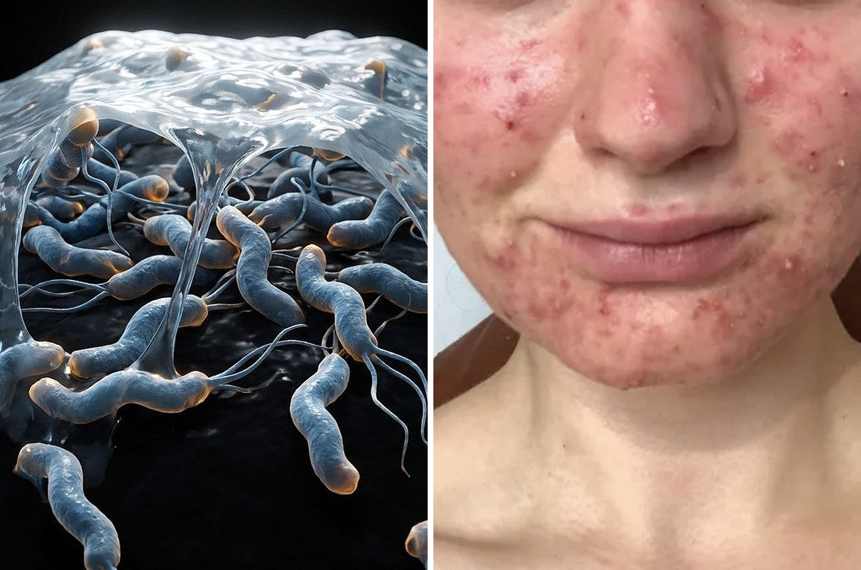 Bad gut bacteria under a layer of slime, next to acne on the jaw