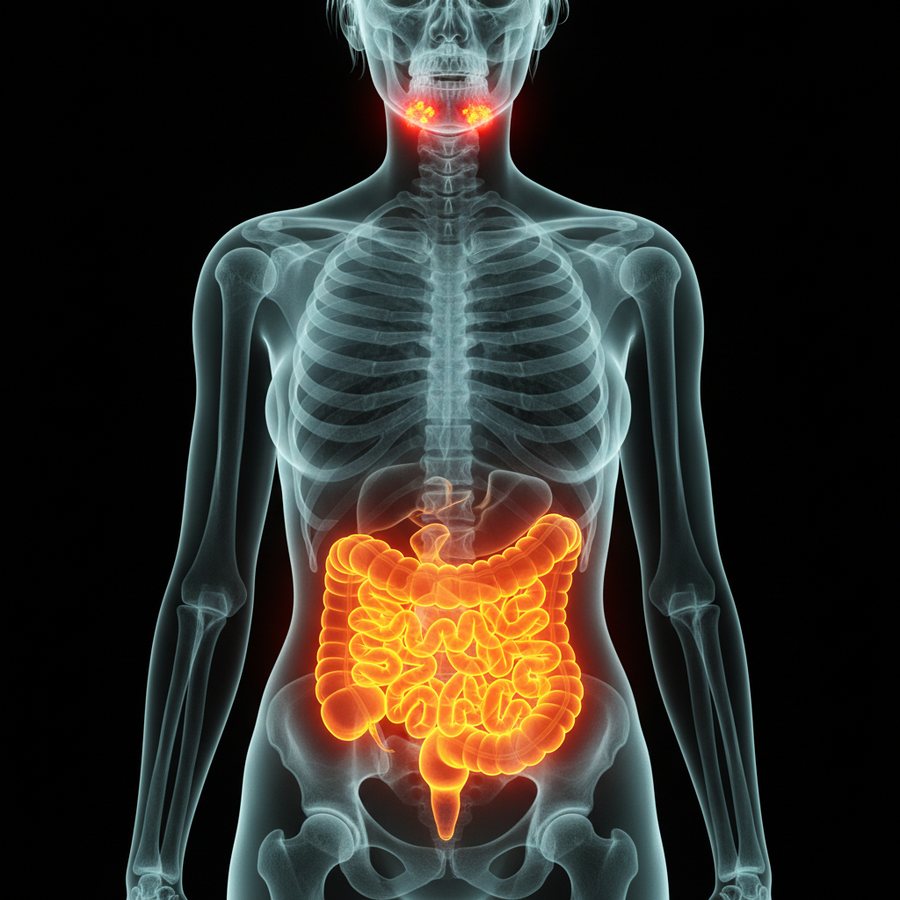 X-ray view of waste backed up in the gut and breakouts on the jaw