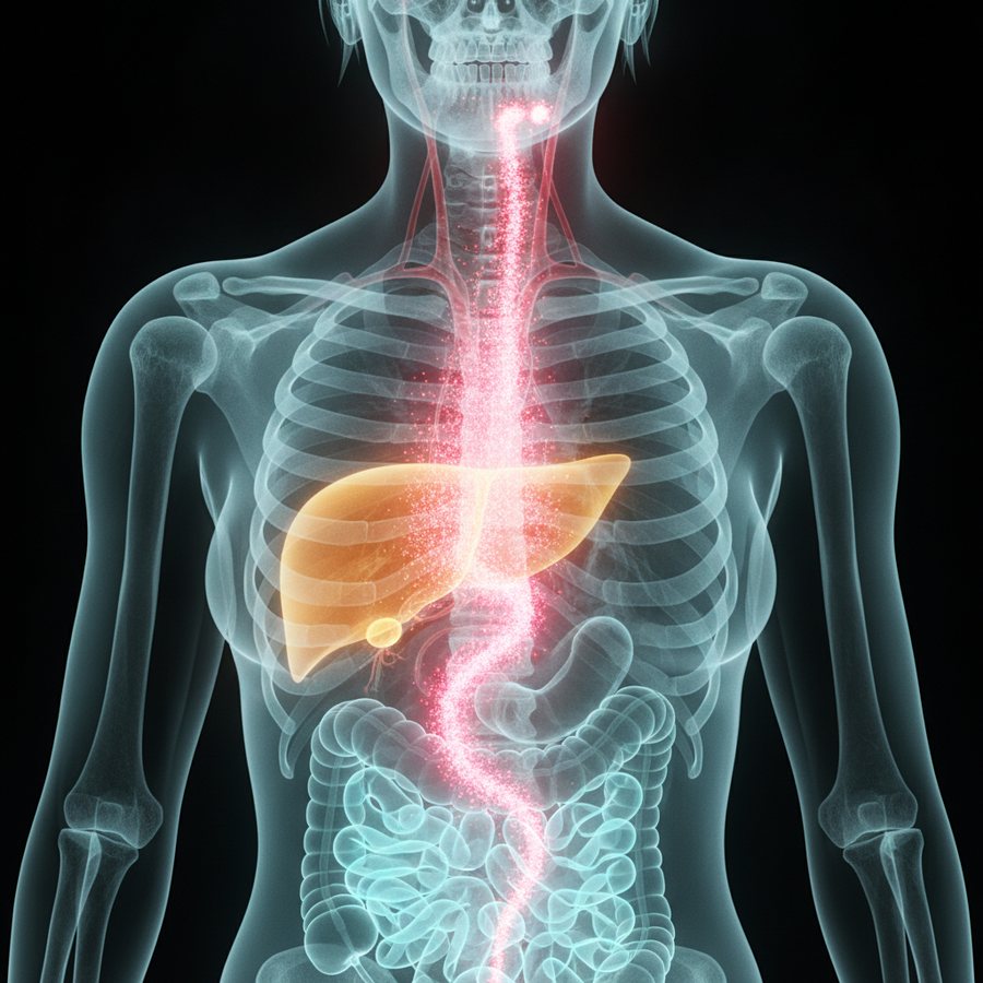 X-ray view of old hormones going from the liver to the gut and back to the jaw