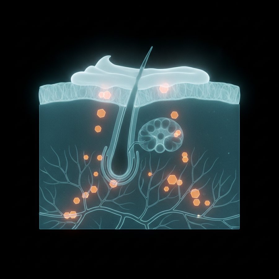 Cross-section of skin with benzene from acne cream sinking into it