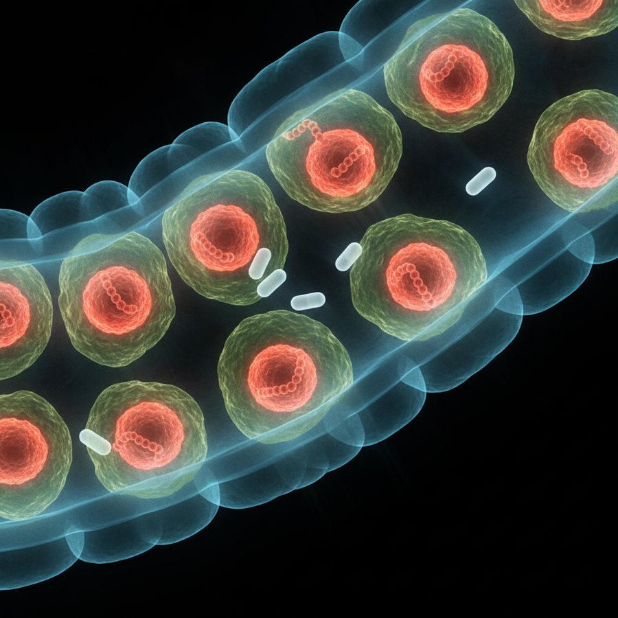Strep colonies hiding under biofilm in the gut while antibiotics bounce off